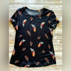 Black Feather Pattern Rayon Viscose Tee Shirt size M